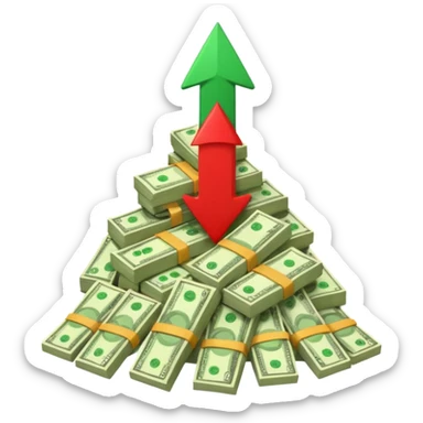 a pile of money with red arrow up sticker