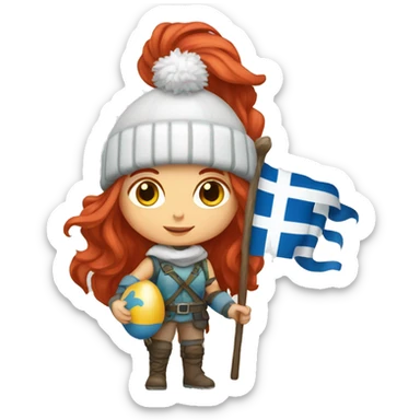 female winter mountaineer red hair holding greek flag and easter egg sticker