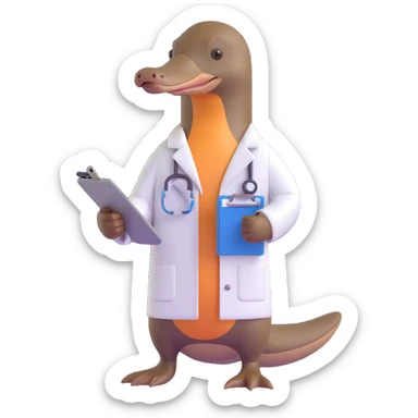 platypus in a white lab coat, holding a clipboard sticker