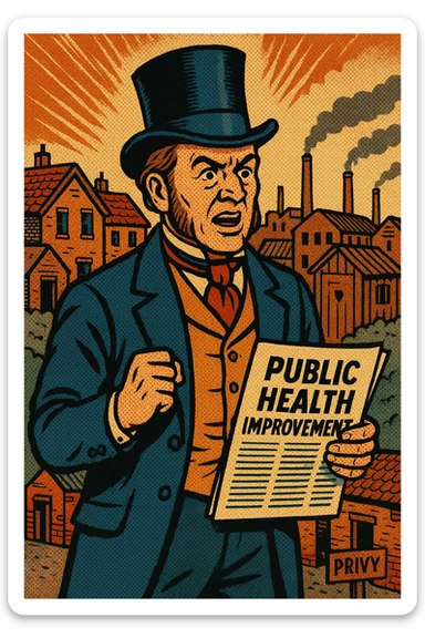 the full image of a middle aged victorian politician holding a newspaper in his left hand which has the headline 'Public Health Improvement'. In the background are victorian slum housing a sign for a 'privy' and victorian factories in the distance sticker