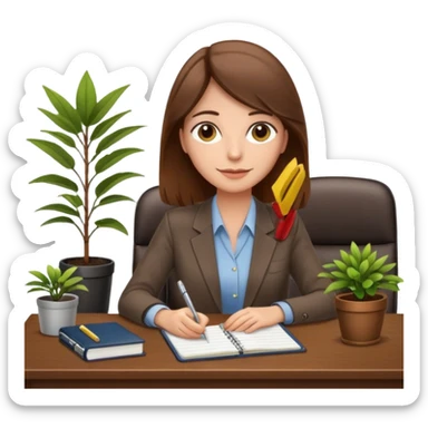 imagen de una mujer castaña en una oficina con escritorio, silla, notebook, agenda y una planta con un cartel que diga en español FUERA DE OFICINA sticker