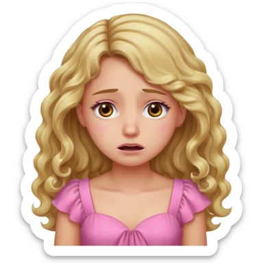 the girl is that criying she has brown eyes and blond long hair curly pink dress  sticker
