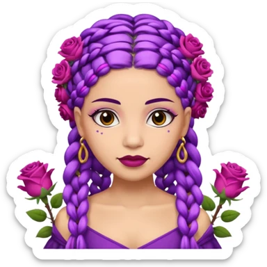 CrownedOlive skin queen with purple braids, brown eyes surrounded by roses sticker