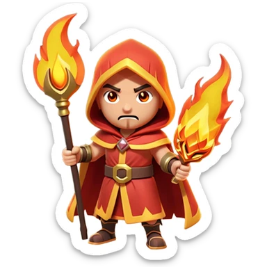 Clash of Clans aesthetic: Cinematic Ferocious Fire Mage Hero closeup Emoji, rendered in a 3D vector-style similar to standard emojis with minimal shading and bold, simplified shapes. A compact, isometric figure draped in flowing, charred and ember-lined robes, wielding a fiery staff crackling with intense flames. Eyes burning with an infernal glow, exuding raw, untamed power. Simplified yet unmistakably iconic, highly detailed and consistent, glowing with a fiery, molten radiance and high shine. Stylized with a touch of menacing sorcery and a searing, ember-infused outline, capturing the essence of a wrathful mage ready to unleash devastating fire magic! sticker