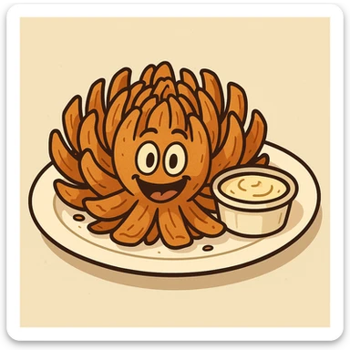 cartoon whole deep-fried onion cut to resemble a flower, crispy and golden, served on a white plate with a ramekin of sauce, inspired by Chili's awesome blossom, cheerful and bold lines sticker