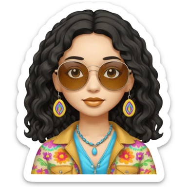 girl in hippies clothes, wearing sunglasses, black wavy hair sticker