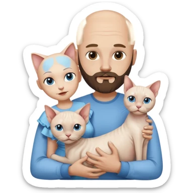 A couple, a man and a woman. The man, who is bald with a beard and wearing a blue shirt, is holding a Siamese cat in his arms. The woman, who has light hair and is wearing a white dress, is holding a white Sphynx cat in her arms sticker