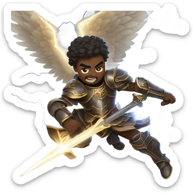 angels and demons in a lively fight mid flight with swords and armor and lightning sticker