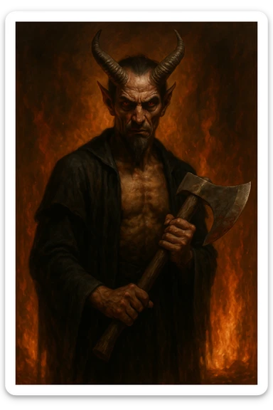 realistic satanic figure wielding an axe, sharp features, fire-lit environment sticker