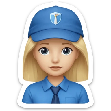 bloande girl with tshirt blue tie and cap sticker