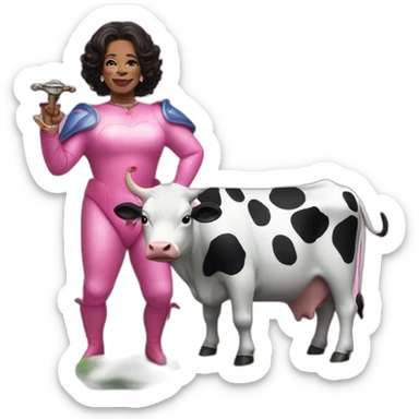 Oprah is mr blobby with a sword eating a live cow sticker