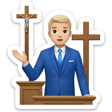 pastor with blue suits preaching in front of a pulpit with a cross behind him on the wall sticker