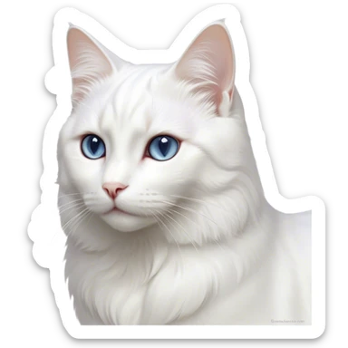 Cinematic Noble White Cat Portrait Emoji, Poised and stately, with a pristine, snow-white fur accented by delicate hints of silver, refined whiskers and a serene, focused gaze, simplified yet impeccably detailed, glowing with an ethereal radiance and timeless elegance, high shine, exuding calm intelligence and regal simplicity, soft glowing outline, capturing the essence of a noble white cat that radiates quiet majesty! sticker