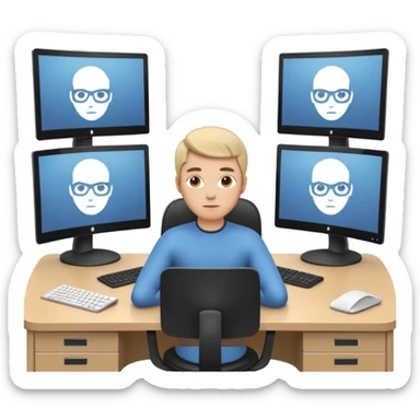 A stylized 3D avatar icon of a developer sitting at a desk, surrounded by three curved monitors floating around them. The screens show browser tabs, documentation, and code. sticker