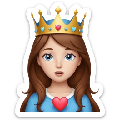a girl with brown hair, blue eyes and freckles, who wears a crown and is blowing a heart kiss  sticker