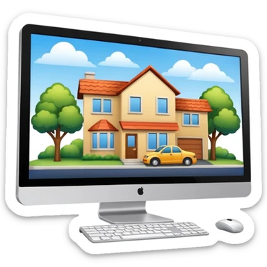 A pc monitor with houses that is for sold or rent in a site sticker