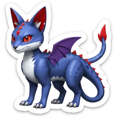 midnight blue-gray-black, with red markings, white belly, scaley Bastet-Noibat-Gatomon-Garchomp-Litten-Digimon-Fakémon-Pokémon-creature (full body) sticker
