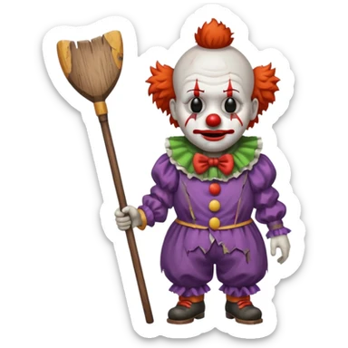 a sad clown with a broom and an axe sticker