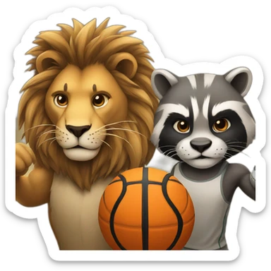 lion and racoon playing basketball sticker