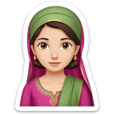 girl with light wheatish skin, dark brown hair, wearing dark pink kurti with sage green dupatta on head sticker
