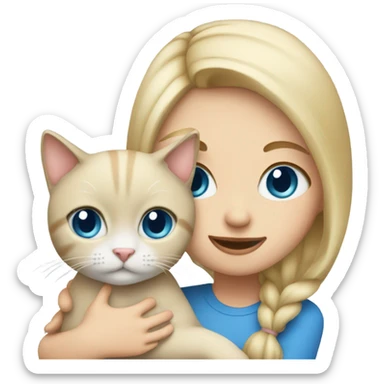 blonde girl with blue eyes holding a cat sticker