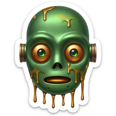 make a tired old melting robot emoji, covered in green sludge, 2d, make the eyes melting sticker
