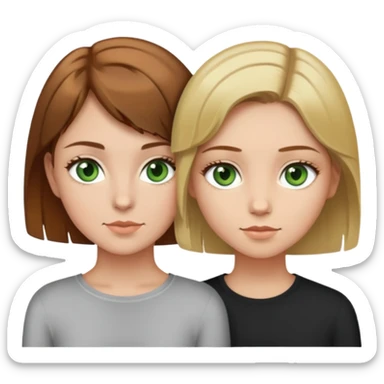 green eye girl with short light brown hair sat next to girl with brown eyes and brown hair with blonde highlights sticker
