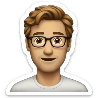 Create an emoji of a very enthousiastic guy with brown hair, a broader jaw line and glasses. sticker