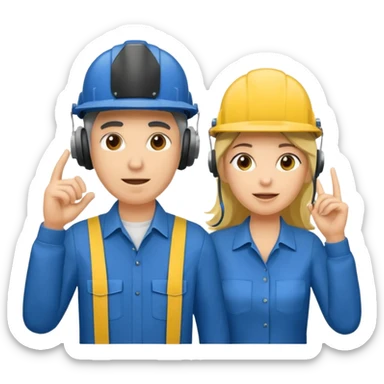 Um homem e uma mulher amarelos com capacete azul escuro e camisa social cinza. Um deles deve estar segurando um megafone  sticker