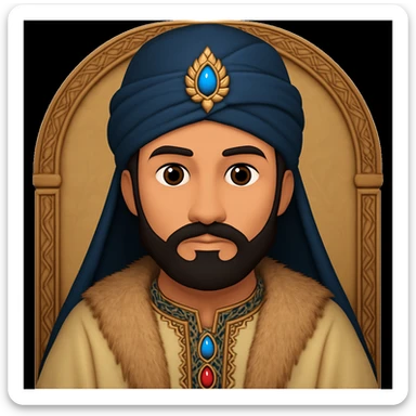 Edit the traditional Seljuk pointed hat (börk) to a different color while keeping all other features the same: wheat-toned complexion, almond-shaped brown eyes, thick arched eyebrows, dark hair, neatly trimmed short beard, serious expression, ornamental details on the hat, fur-lined kaftan collar, charismatic and authoritative. The style should resemble an apple style emoji. sticker