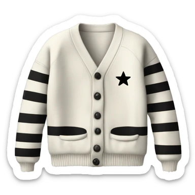 Off-white cardigan with black stripes on the seems, with three gray stars on each sleeve  sticker