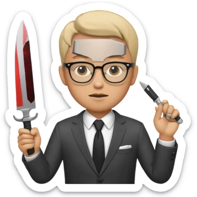 man with glasses wearing a suit and holding a knife sticker