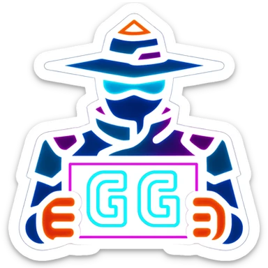 Add neon effects to the image of Cypher from Valorant holding a 'GG' sign, maintaining the bold, modern gaming icon style with transparent background. sticker