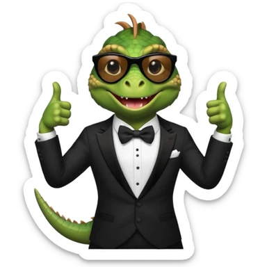 capitalist iguana banker in tuxedo and black sunglasses dancing crazy thumb up sticker