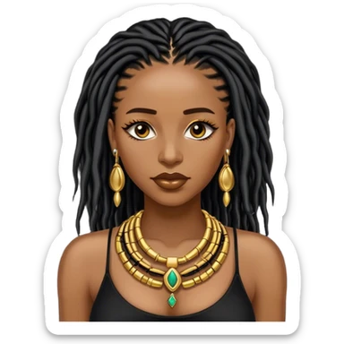 Congolese brownskin women with black shoulder length locs, eyelashes and a lot of gold jewellery  sticker