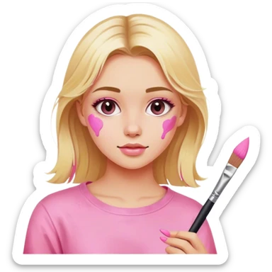 blonde girl in pink clothes paints with brushes on canvas artist sticker