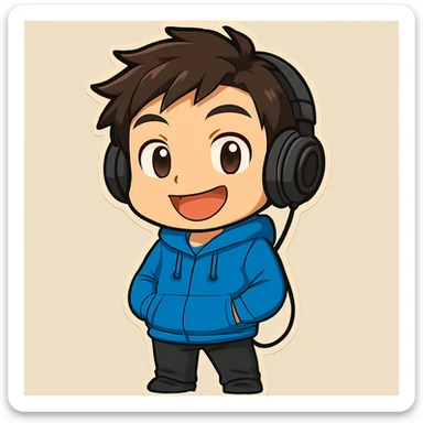 Make the chibi anime male character's smile bigger, show the full body from shoes to head, use more vibrant colors for the clothes, keep the hoodie and pants, but make the hoodie a lighter blue. Keep the style chibi anime and the character cool, smiling, hands in pockets, with wired headphones. sticker