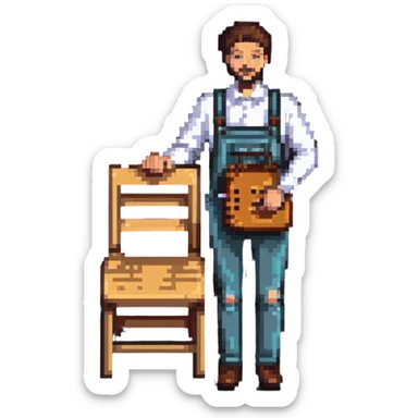 experienced furniture maker holding a wooden chair sticker