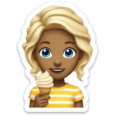 Girl with blonde hair, blue eyes, yellow striped shirt, holding vanilla ice cream cone sticker