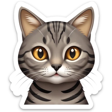 cinematic-cute-grey-and-black-brown-tabby-cat-portrait-emoji,-head-tilted-playfully-and-inquisitively,-sleek-grey-brown-fur-with-bold-black-tabby-stripes-and-a-distinctive-m-shaped-marking-on-the-forehead,-sparkling-amber-eyes,-simplified sticker
