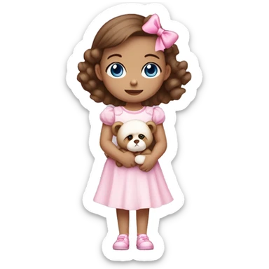 Little Girl with White skin, blue eyes. brown hair with pink bows in it.  She is wearing a pink and White dress, standing and holding on to a teddybear with a pink bows. sticker