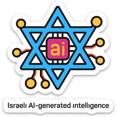 icon representing Israeli AI-generated intelligence, featuring a stylized Star of David integrated with digital or neural network elements, modern and tech-inspired, suitable for a technology brand sticker