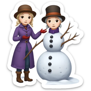  young Virginia Poe and  eldely Maria Clemm  full body building a snowman  1800's sticker