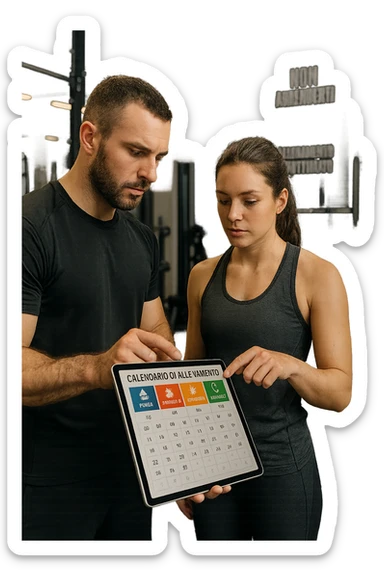 realistic cinematic photo a personal trainer and a client stand in a modern gym, reviewing a large, color-coded training calendar or chart on a tablet. The calendar shows different phases (strength, hypertrophy, endurance, recovery) with icons and dates. Around them, gym equipment and motivational posters reinforce the idea of structured, periodized training. in italiano sticker