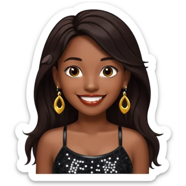 Chilli from TLC with long dark brown hair, black sequin crop top, black earring, dark skin sticker