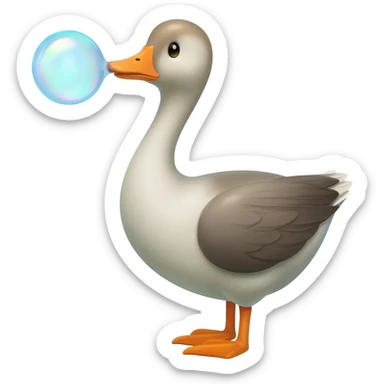 Create an emoji of a goose happily blowing soap bubbles. The goose should look friendly and playful, and the bubbles should be bright and shiny. Please add some color and details to make the image more appealing. sticker