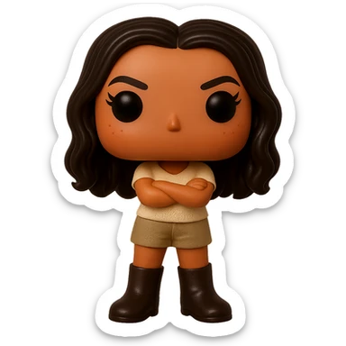 Enhance the quality of the image with smooth tanned skin, dark hair with subtle auburn highlights, even darker leather boots, textured clothing (cream top, greige bottom), arms crossed, rosy cheekbones, very subtle freckles, no neck visible, eyebrows with a mischievous and playful expression, no mouth, transparent background. Maintain the original style and details from the reference image. sticker