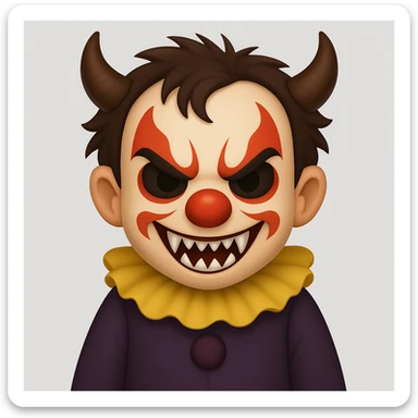 Render a child demonic clown with horns and fangs in the style of apple emojis, keeping the spirit and expression of the original character. sticker