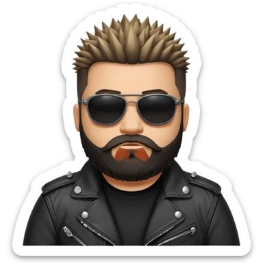 biker gang with black sunglass and rugged and fat guy bearded spicks hair black jacket sticker