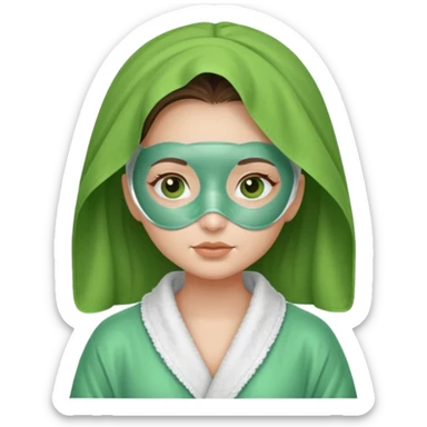 girl in a bathrobe with green facial mask sticker
